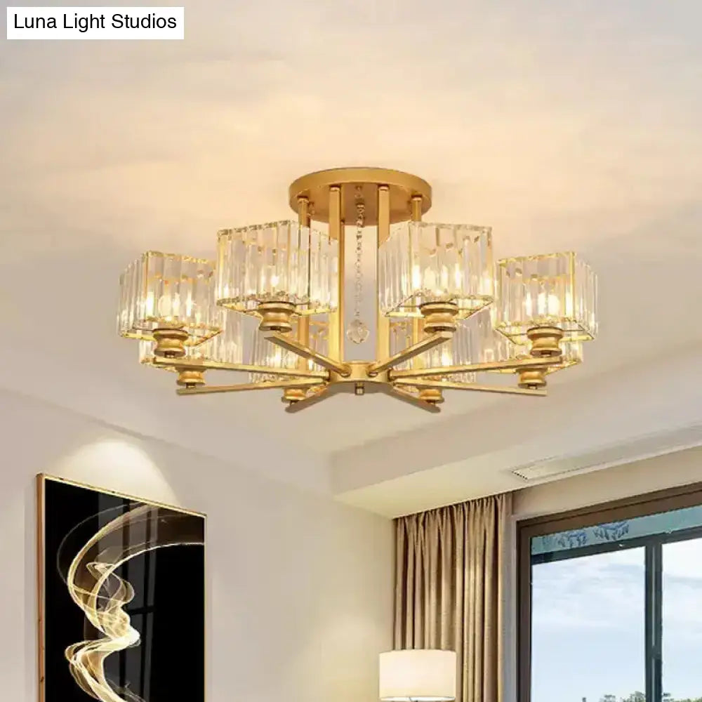 Modern Prismatic Crystal Flush Chandelier With Rectangle Design - 4/6/8 Lights In Black/Gold For