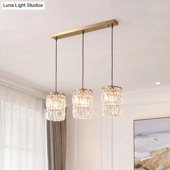 Modern Prismatic Crystal 3-Light Gold Pendant With 2 Layers And Linear/Round Canopy