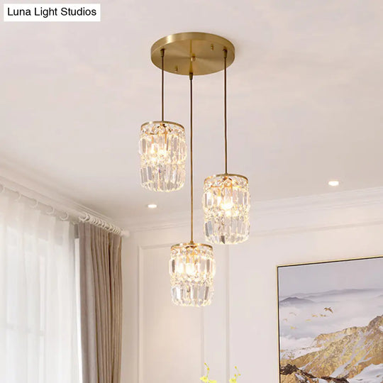 Modern Prismatic Crystal 3-Light Gold Pendant With 2 Layers And Linear/Round Canopy