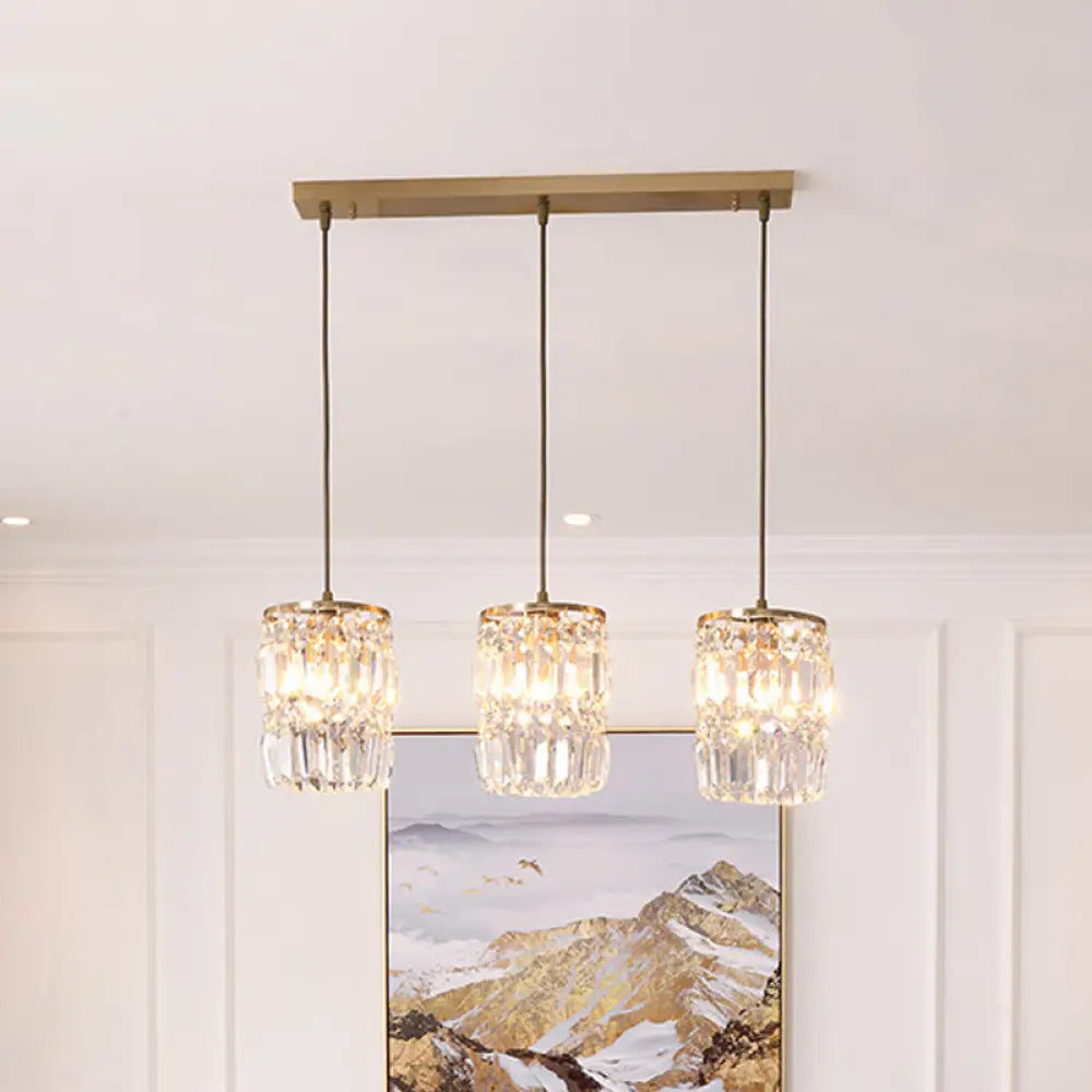 Modern Prismatic Crystal Hanging Light With 2 Layers 3 Lights Gold Pendant Design - Linear/Round