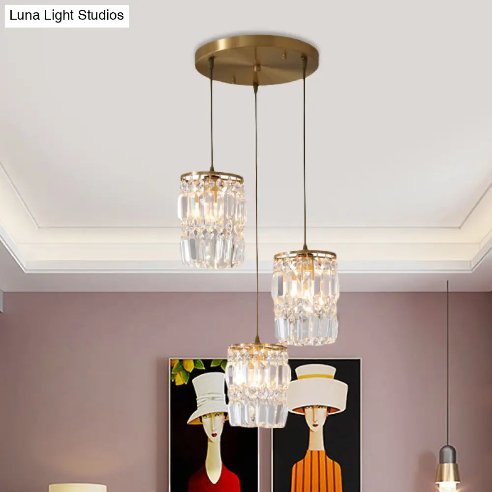 Modern Prismatic Crystal Hanging Light With 2 Layers 3 Lights Gold Pendant Design - Linear/Round