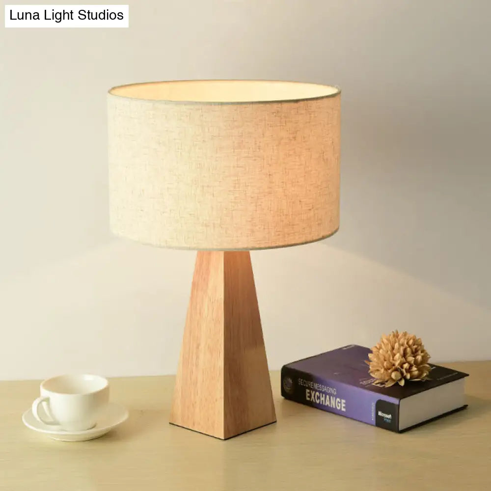 Modern Prismatic Wooden Table Lamp With Beige Night Light And White Fabric Shade