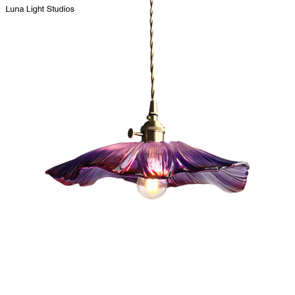 Modern Purple/Clear Glass Flower Pendant Lamp - 1-Light Brass Dining Table Lighting Fixture