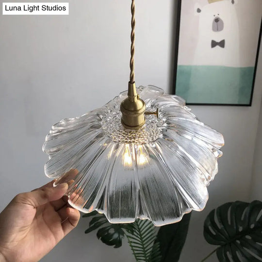 Modern Purple/Clear Glass Flower Pendant Lamp - 1-Light Brass Dining Table Lighting Fixture