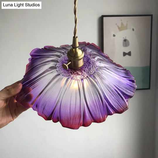 Modern Purple/Clear Glass Flower Pendant Lamp - 1 Light Brass Suspended Dining Table Fixture