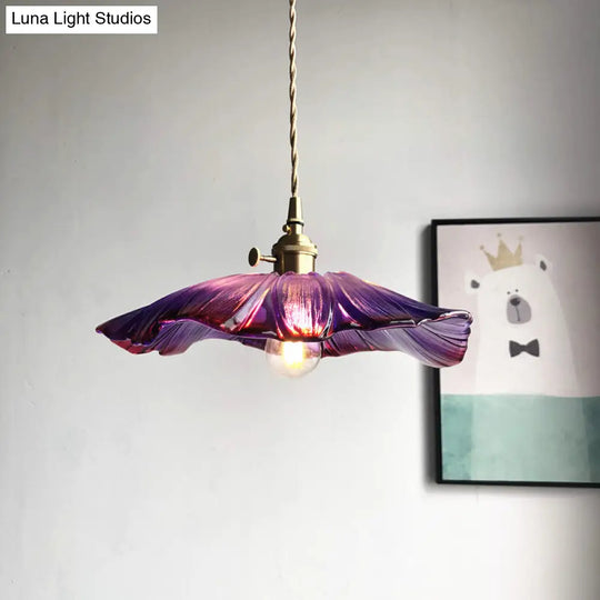 Modern Purple/Clear Glass Flower Pendant Lamp - 1-Light Brass Dining Table Lighting Fixture Purple