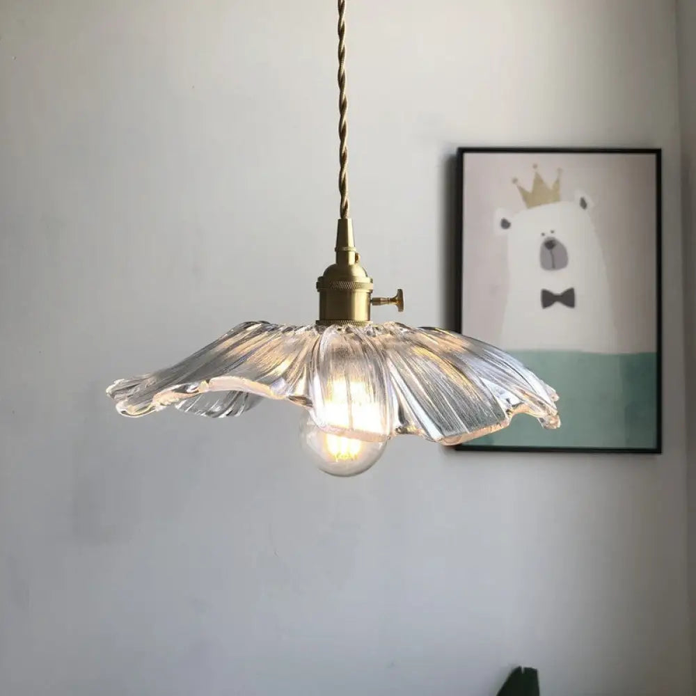 Modern Purple/Clear Glass Flower Pendant Lamp - 1 Light Brass Suspended Dining Table Fixture Clear