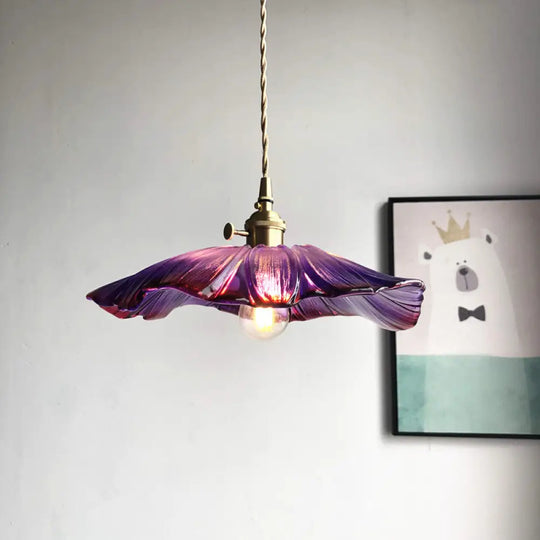 Modern Purple/Clear Glass Flower Pendant Lamp - 1 Light Brass Suspended Dining Table Fixture Purple
