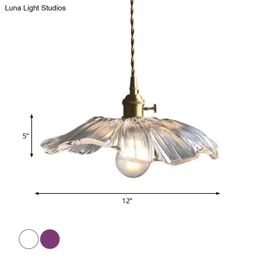 Modern Purple/Clear Glass Flower Pendant Lamp - 1-Light Brass Dining Table Lighting Fixture