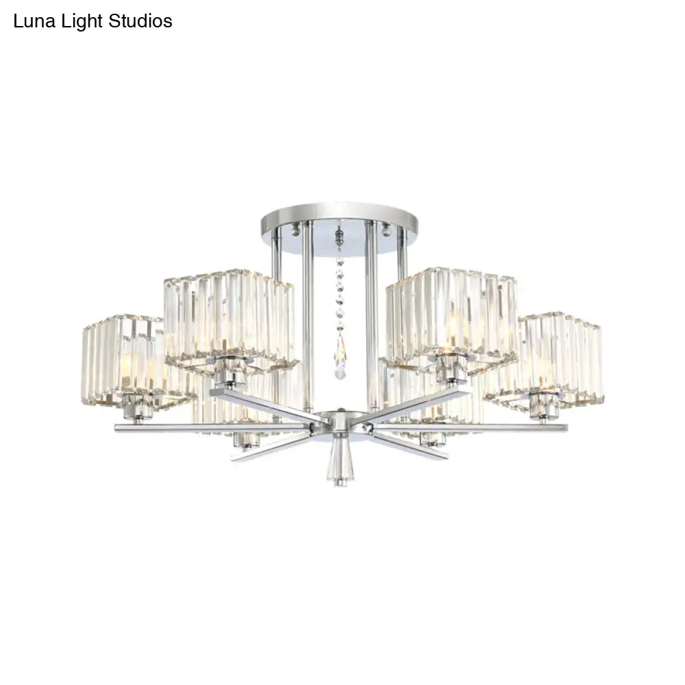 Modern Radial Design Chandelier With 6/8 Clear Crystal Bulbs And Cubic Shade Ceiling Lighting
