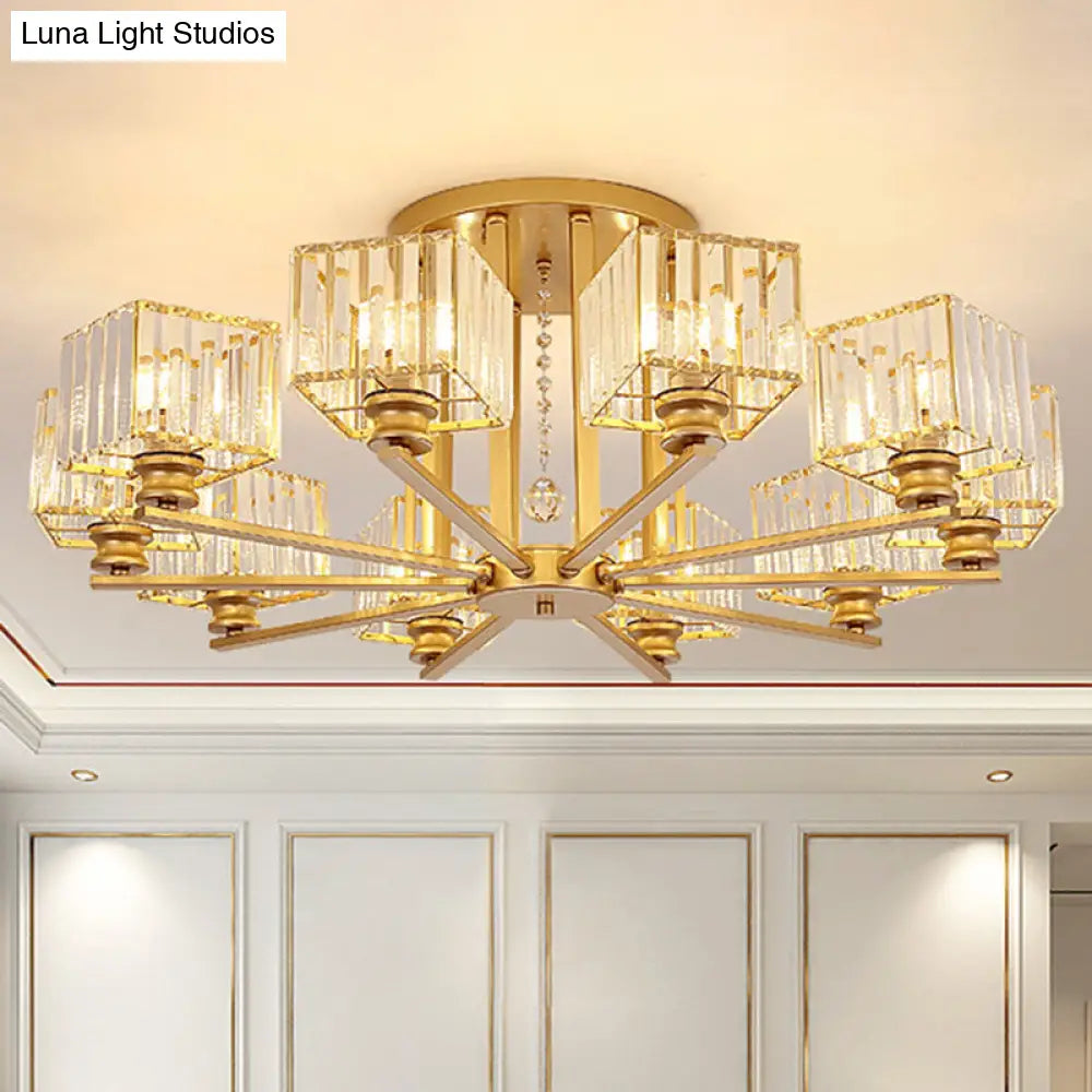 Modern Radial Suspension Light - Metallic Chandelier With K9 Crystal Shade For Living Room