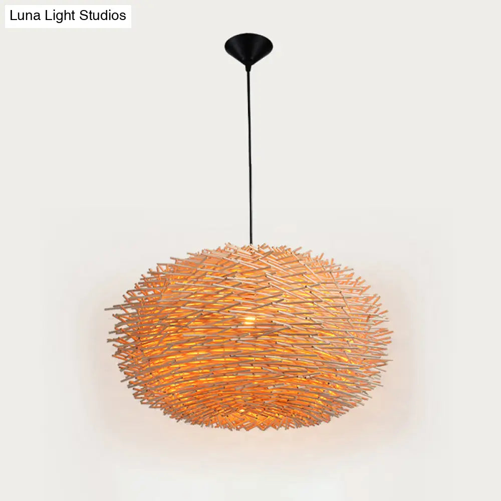 Modern Rattan Bird Nest Pendant Light With Wood Finish Single-Bulb Suspension For Restaurants