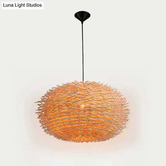 Modern Rattan Bird Nest Pendant Light With Wood Finish Single-Bulb Suspension For Restaurants