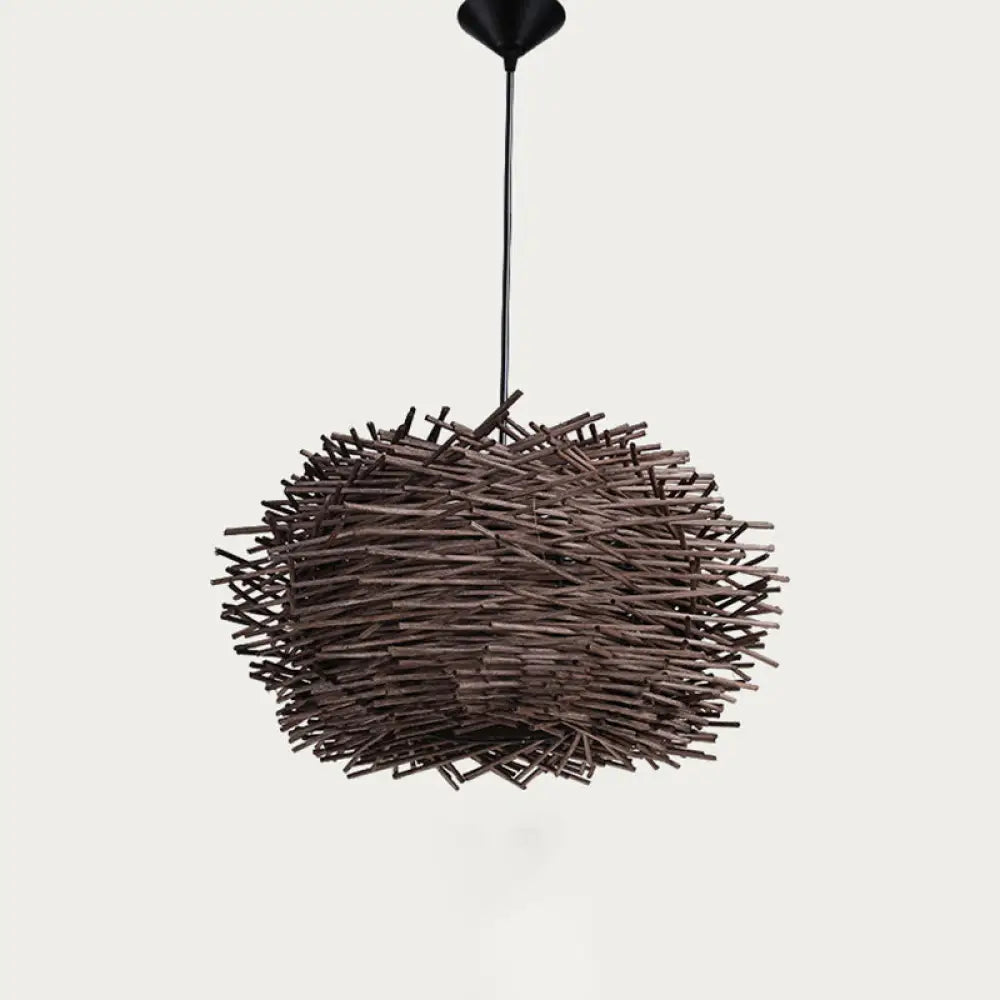 Modern Rattan Bird Nest Pendant Light With Wood Finish Single-Bulb Suspension For Restaurants