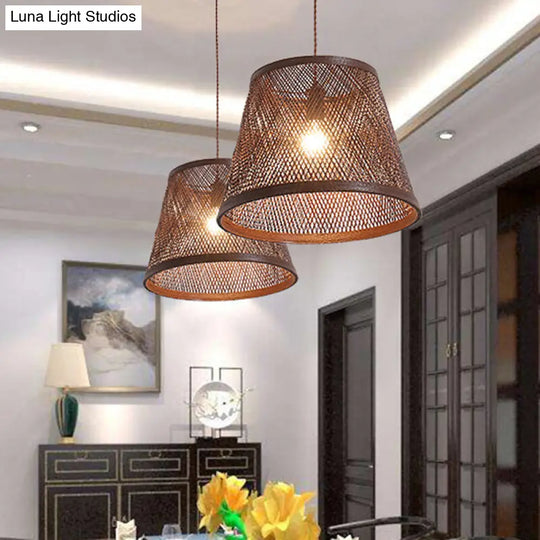 Modern Rattan Cone Pendant Light Kit For Dining Room - 1 Brown Suspension