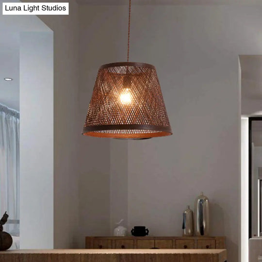 Modern Rattan Cone Pendant Light Kit For Dining Room - 1 Brown Suspension