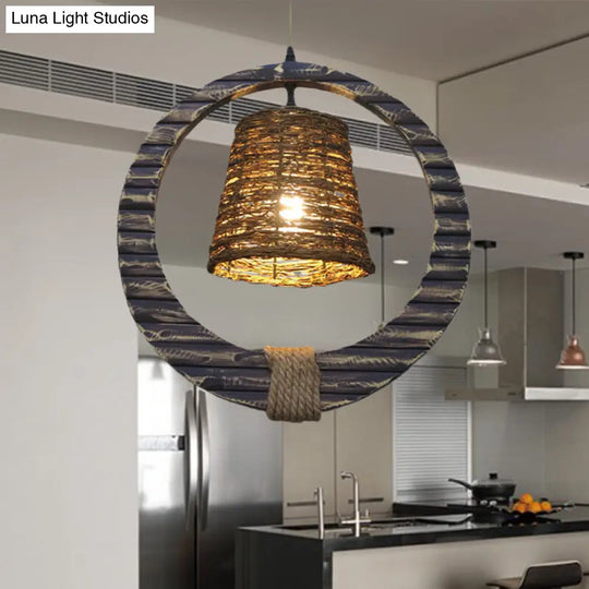 Modern Brown Rattan Hanging Pendant Light With Wooden Ring - 1 Head