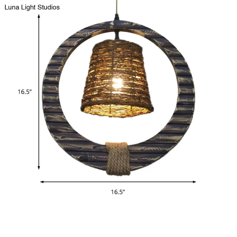 Modern Brown Rattan Hanging Pendant Light With Wooden Ring - 1 Head