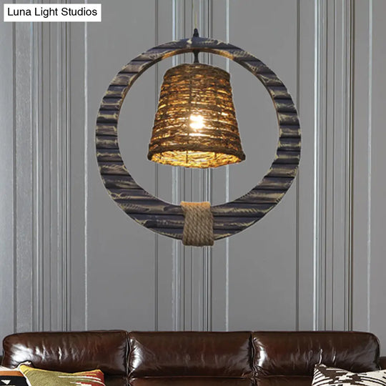 Modern Rattan Conical Hanging Light Brown Pendant Lamp With Wooden Vertical Ring