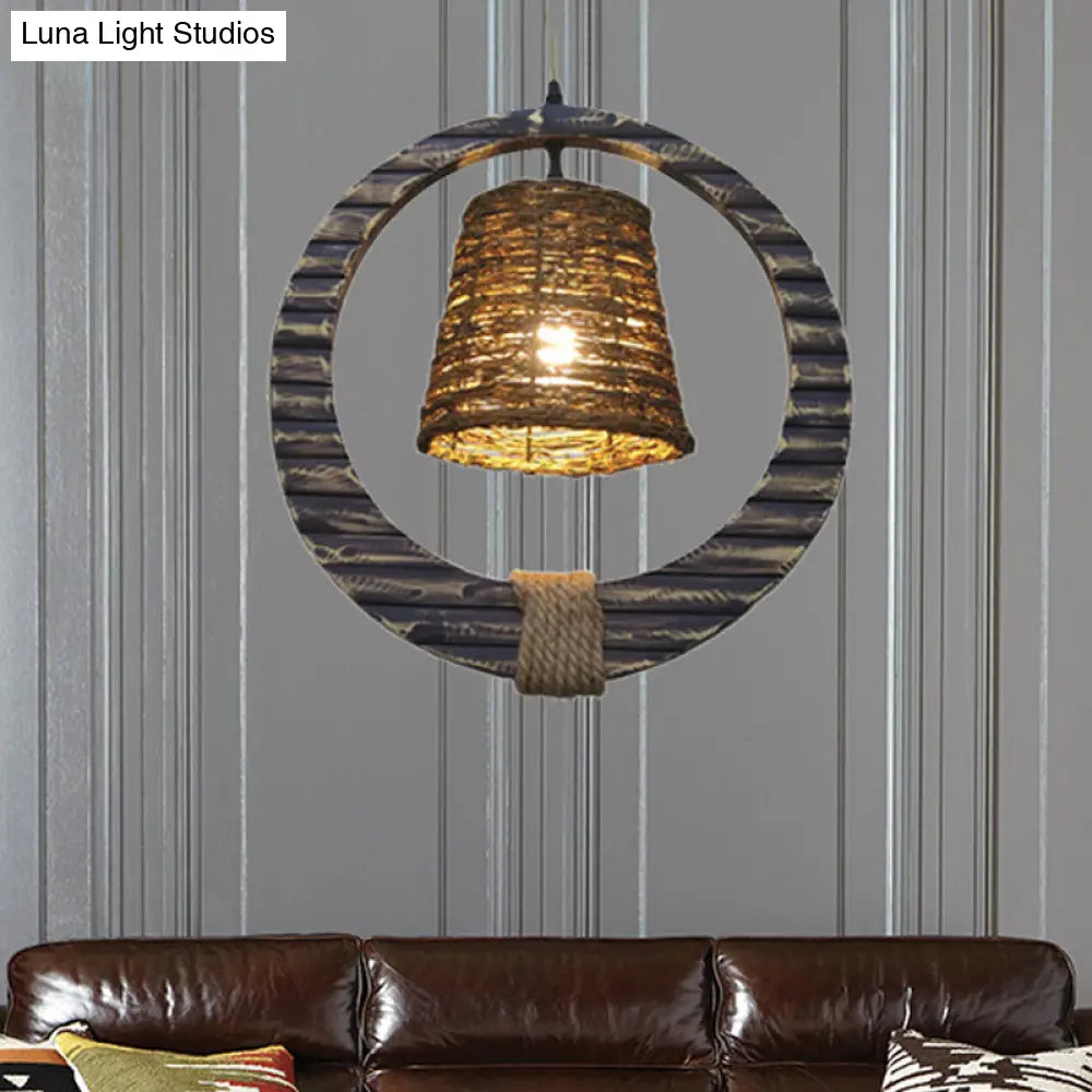 Modern Brown Rattan Hanging Pendant Light With Wooden Ring - 1 Head