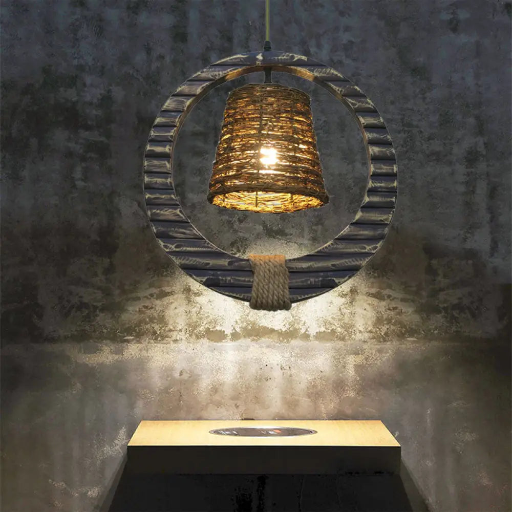 Modern Rattan Conical Hanging Light Brown Pendant Lamp With Wooden Vertical Ring