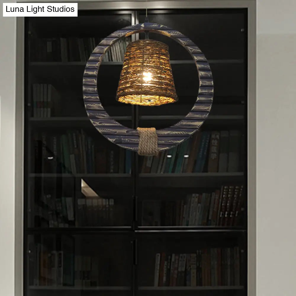 Modern Brown Rattan Hanging Pendant Light With Wooden Ring - 1 Head