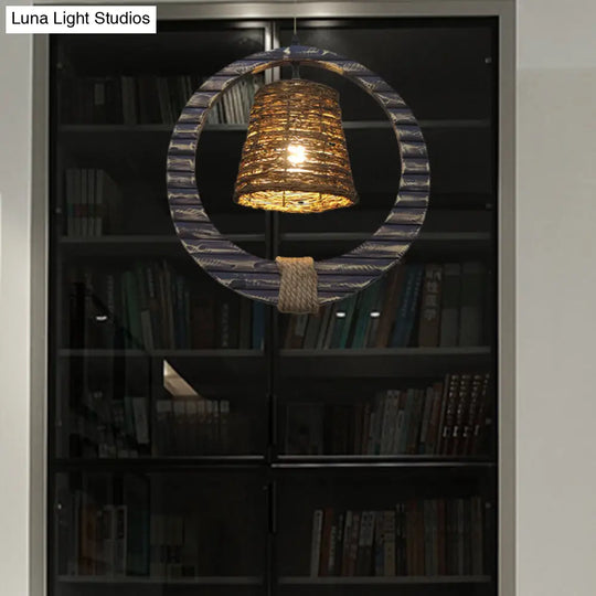 Modern Brown Rattan Hanging Pendant Light With Wooden Ring - 1 Head