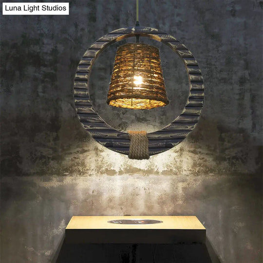 Modern Brown Rattan Hanging Pendant Light With Wooden Ring - 1 Head