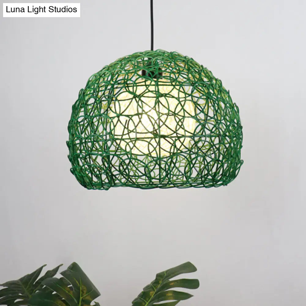 Modern Rattan Globe Cage Hanging Light Kit - 1 Head Green Finish Pendant Lamp Ideal For Restaurants