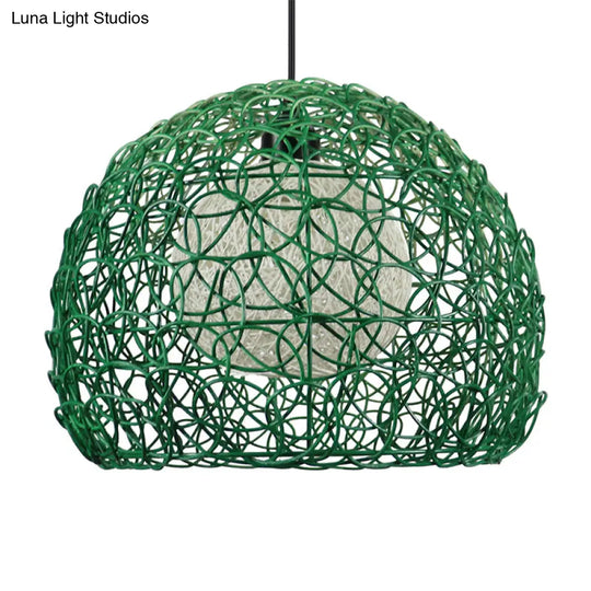 Modern Rattan Globe Cage Hanging Light Kit - 1 Head Green Finish Pendant Lamp Ideal For Restaurants