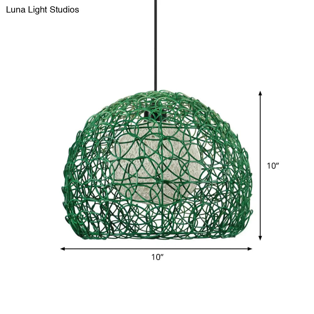 Modern Rattan Globe Cage Hanging Light Kit - 1 Head Green Finish Pendant Lamp Ideal For Restaurants