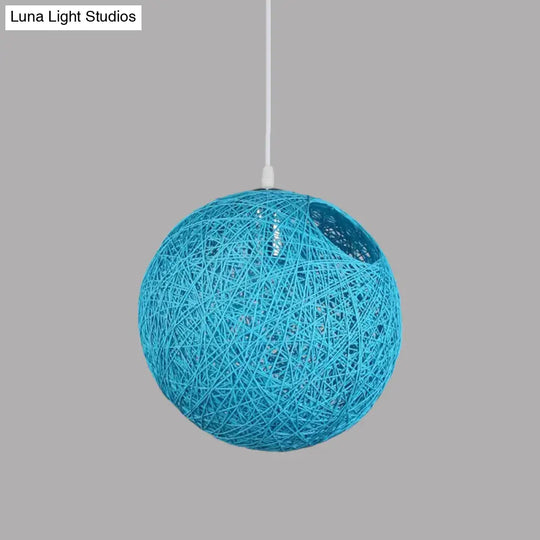 Contemporary Rattan Globe Suspension Light - Single-Bulb Blue/Pink/Red Pendant Lamp With Cut-Out