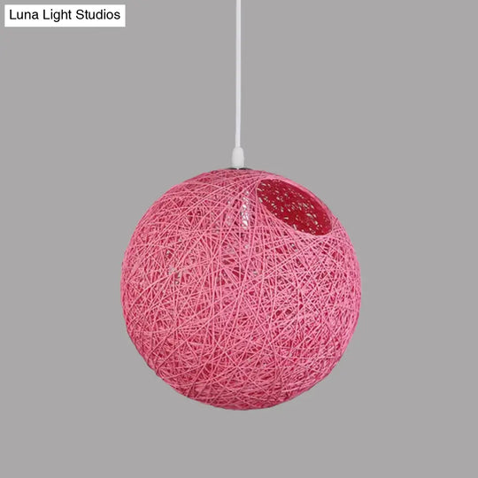 Modern Rattan Globe Pendant Light With Cut-Out Hole - Single-Bulb Ceiling Lamp In Blue/Pink/Red