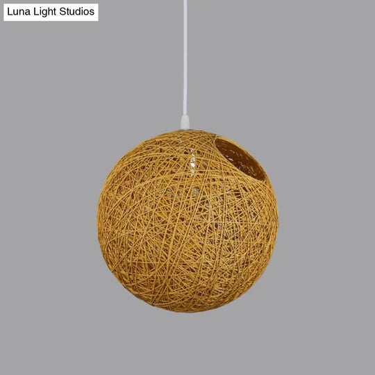 Modern Rattan Globe Pendant Light With Cut-Out Hole - Single-Bulb Ceiling Lamp In Blue/Pink/Red