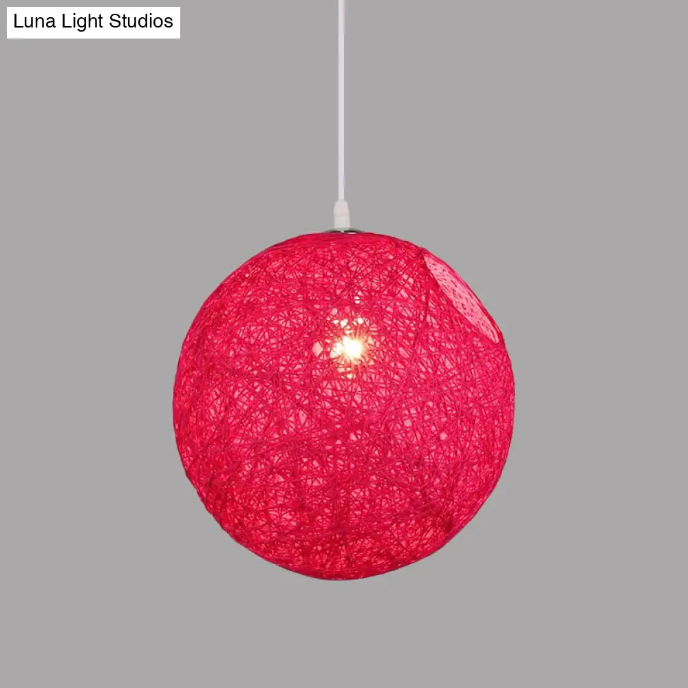 Modern Rattan Globe Pendant Light With Cut-Out Hole - Single-Bulb Ceiling Lamp In Blue/Pink/Red