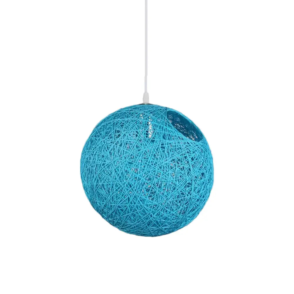 Modern Rattan Globe Pendant Light With Cut-Out Hole - Single-Bulb Ceiling Lamp In Blue/Pink/Red Blue