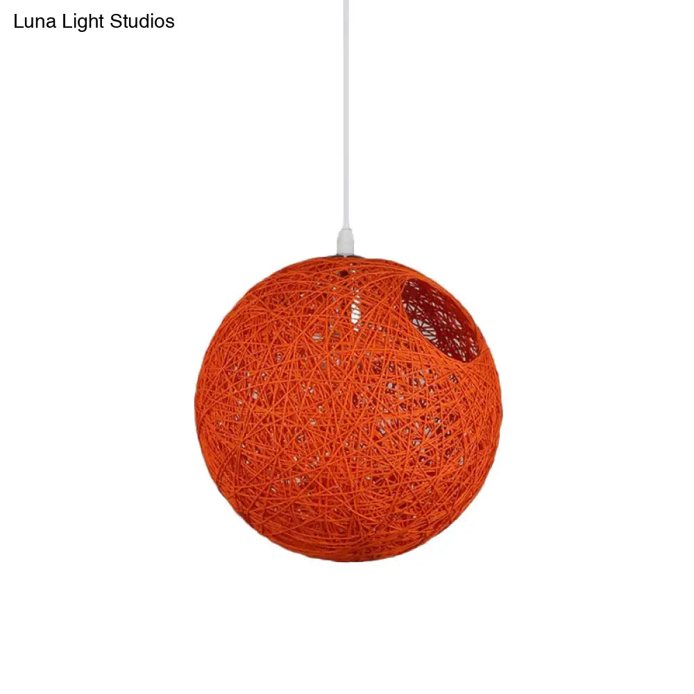 Contemporary Rattan Globe Suspension Light - Single-Bulb Blue/Pink/Red Pendant Lamp With Cut-Out