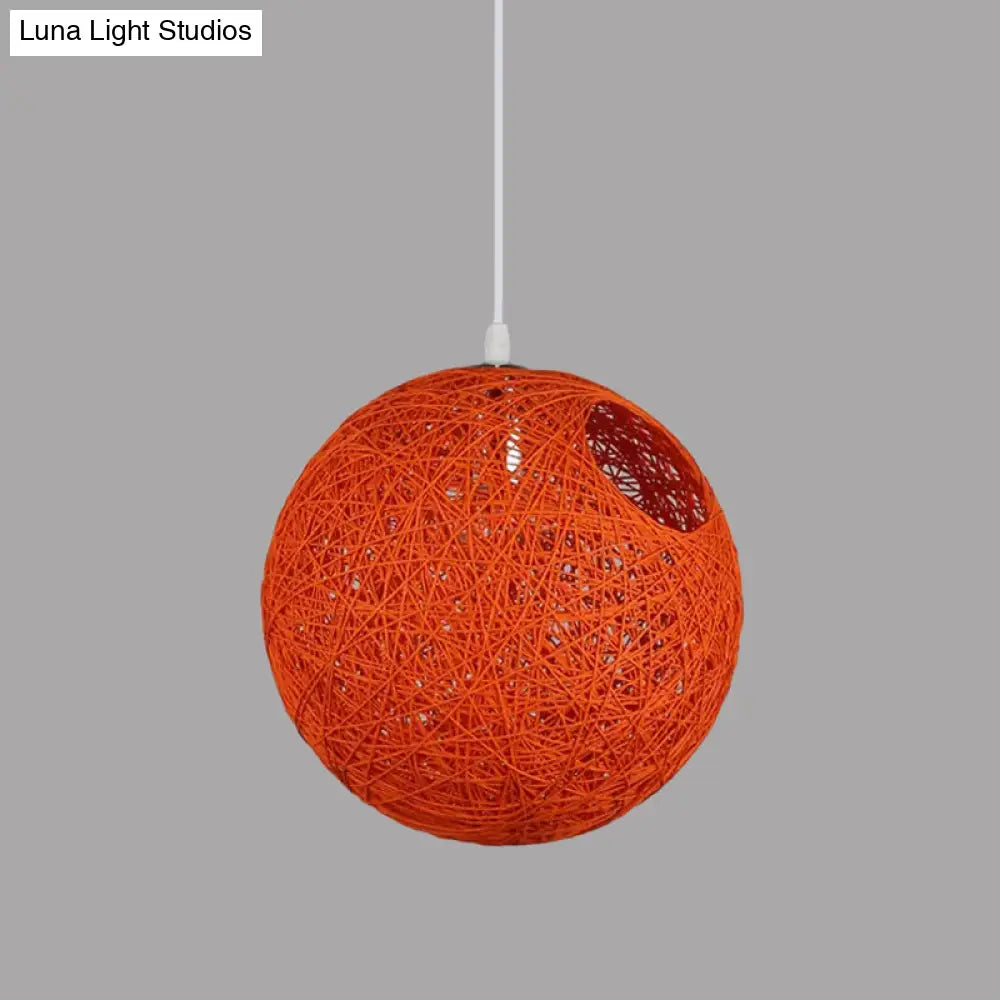 Contemporary Rattan Globe Suspension Light - Single-Bulb Blue/Pink/Red Pendant Lamp With Cut-Out