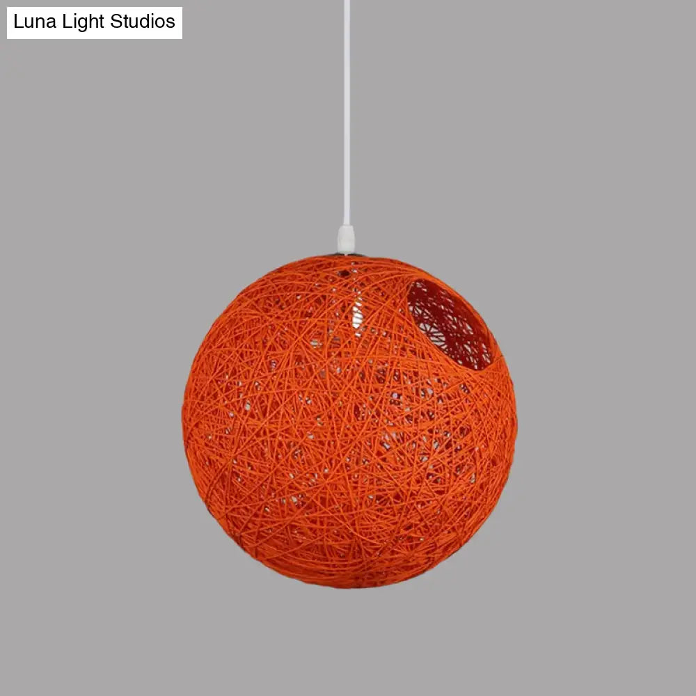 Modern Rattan Globe Pendant Light With Cut-Out Hole - Single-Bulb Ceiling Lamp In Blue/Pink/Red