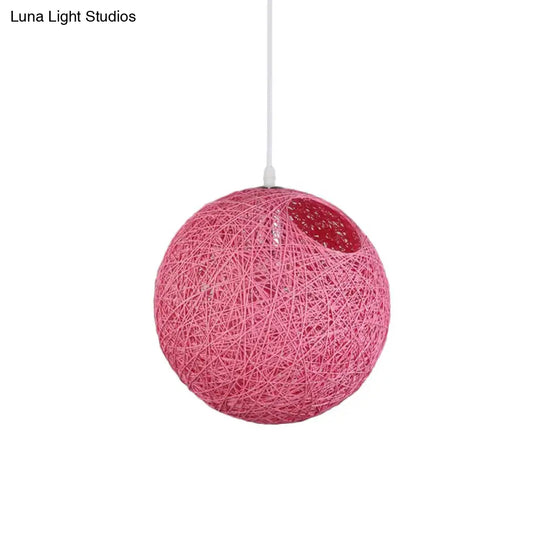 Contemporary Rattan Globe Suspension Light - Single-Bulb Blue/Pink/Red Pendant Lamp With Cut-Out