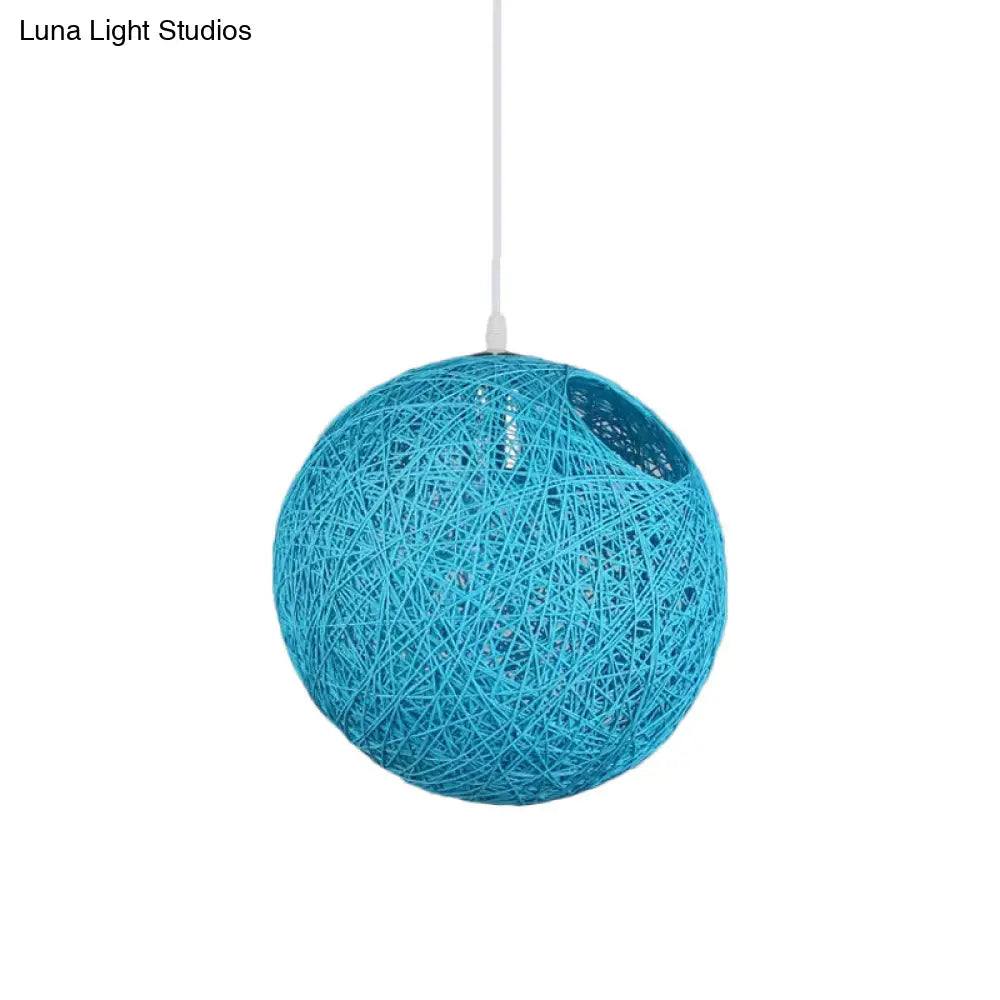 Contemporary Rattan Globe Suspension Light - Single-Bulb Blue/Pink/Red Pendant Lamp With Cut-Out