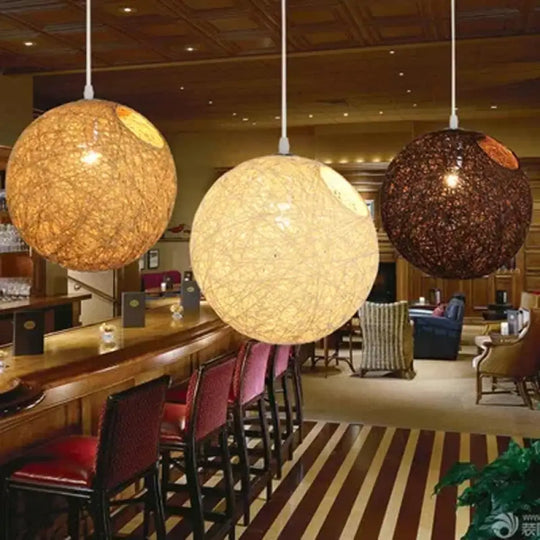 Modern Rattan Globe Pendant Light With Cut-Out Hole - Single-Bulb Ceiling Lamp In Blue/Pink/Red