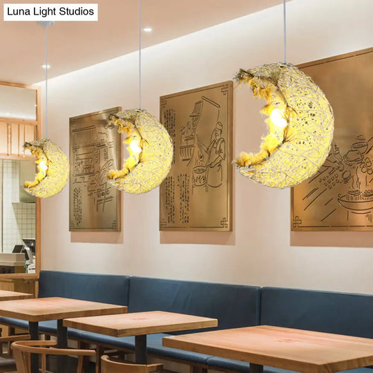 Modern Rattan Moon Shaped Hanging Lamp: Sleek Restaurant Lighting Fixture