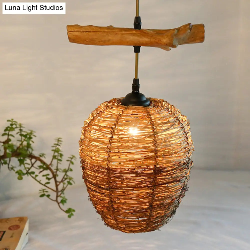 Modern Ball Rattan Pendant Light - Brown Hanging Lamp For Dining Room