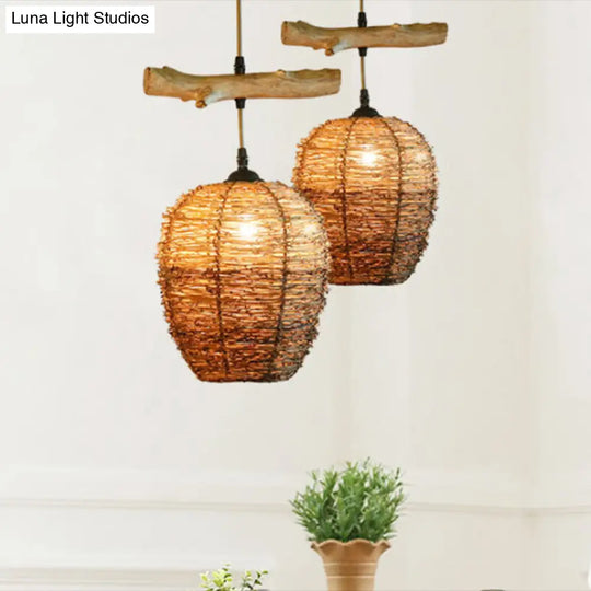 Modern Ball Rattan Pendant Light - Brown Hanging Lamp For Dining Room