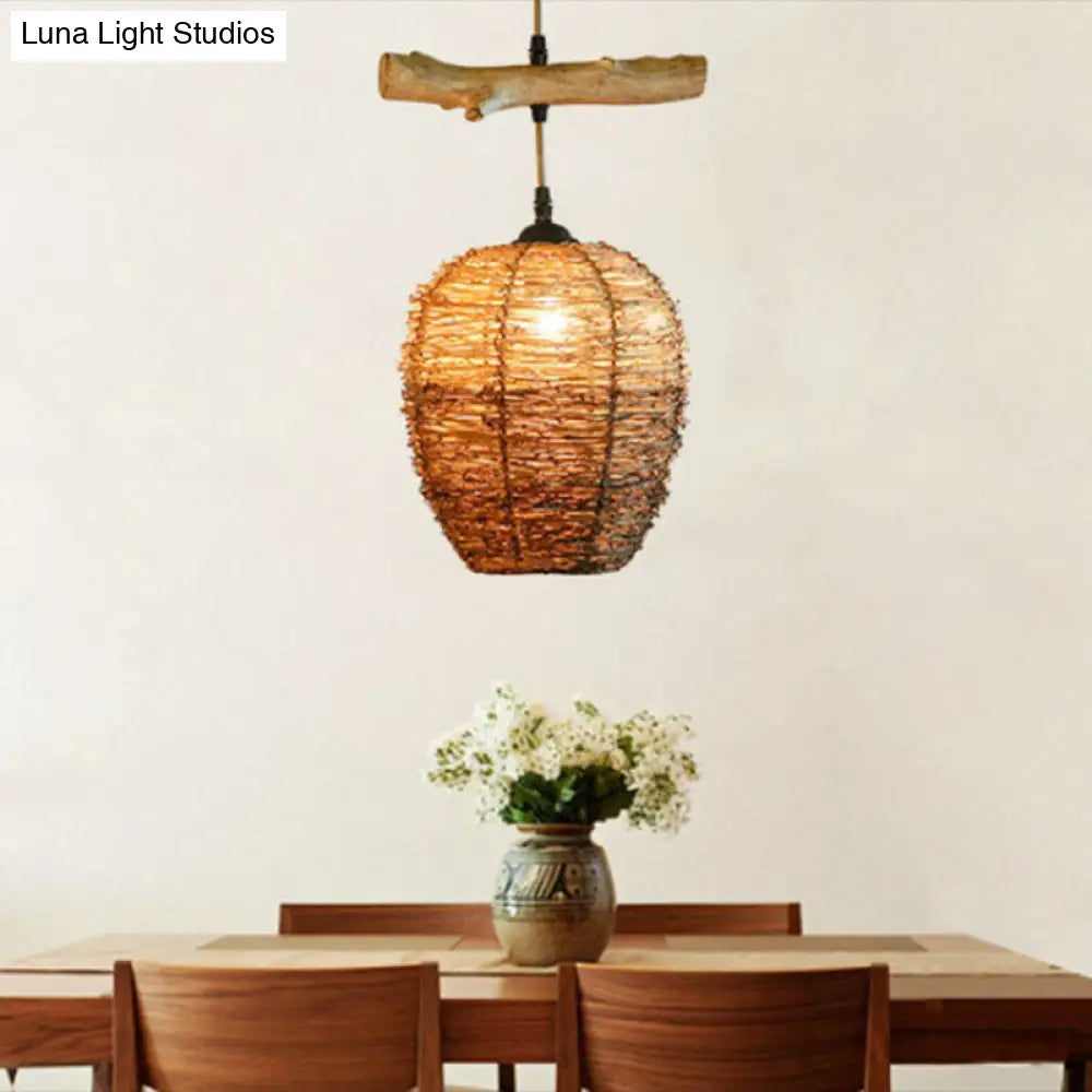 Modern Ball Rattan Pendant Light - Brown Hanging Lamp For Dining Room