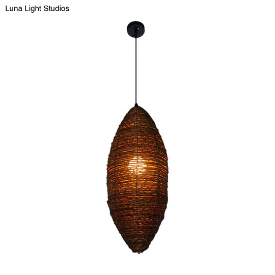 Modern Rattan Pendant Light With Coffee Finish - Single Bulb Suspension Lamp In Cocoon Shape