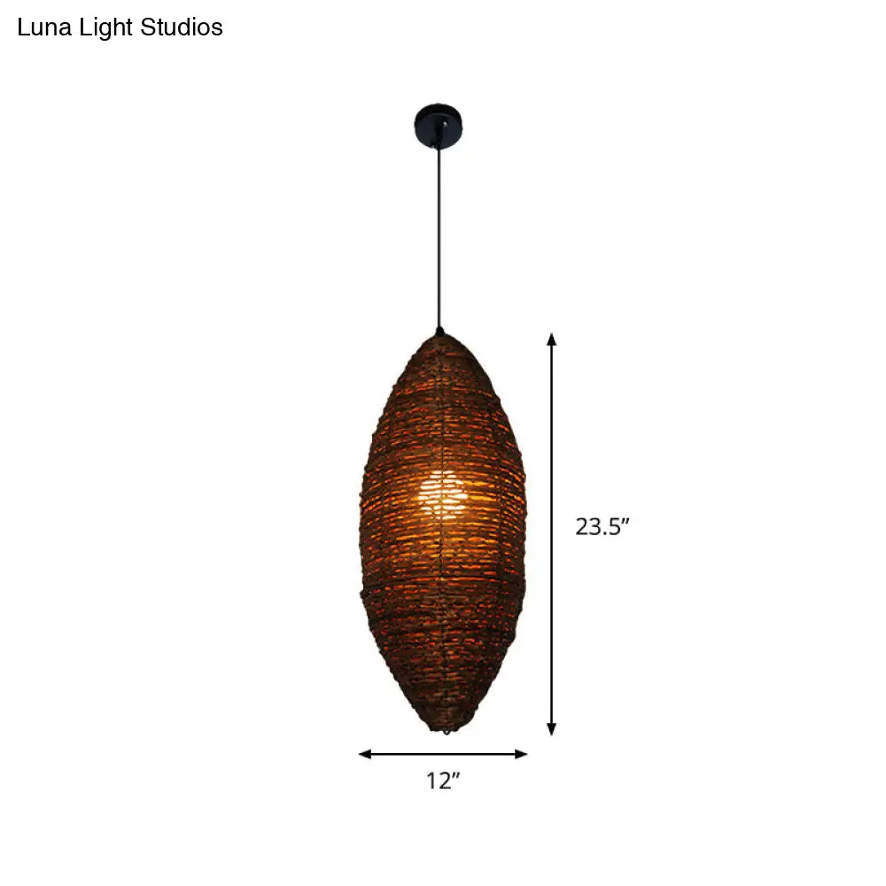 Modern Rattan Pendant Light With Coffee Finish - Single Bulb Suspension Lamp In Cocoon Shape