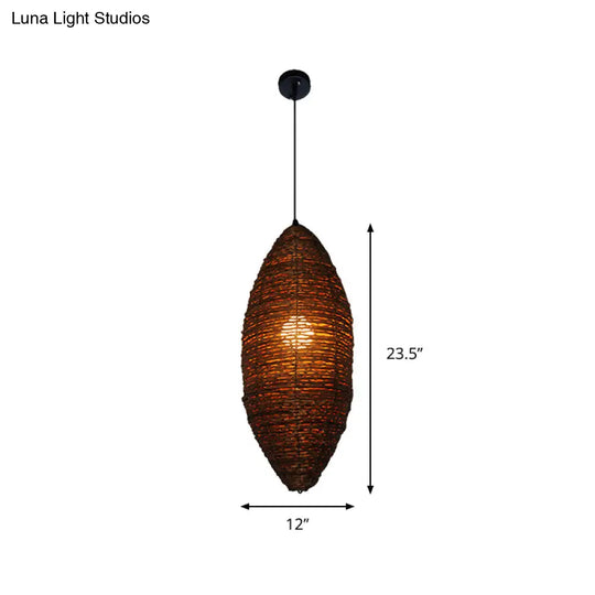 Modern Rattan Pendant Light With Coffee Finish - Single Bulb Suspension Lamp In Cocoon Shape