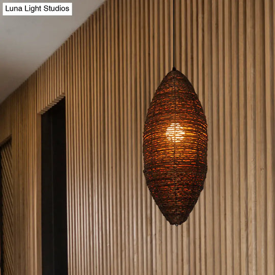 Modernist Cocoon Rattan Suspension Light - 1-Bulb Coffee Finish Pendant Lamp